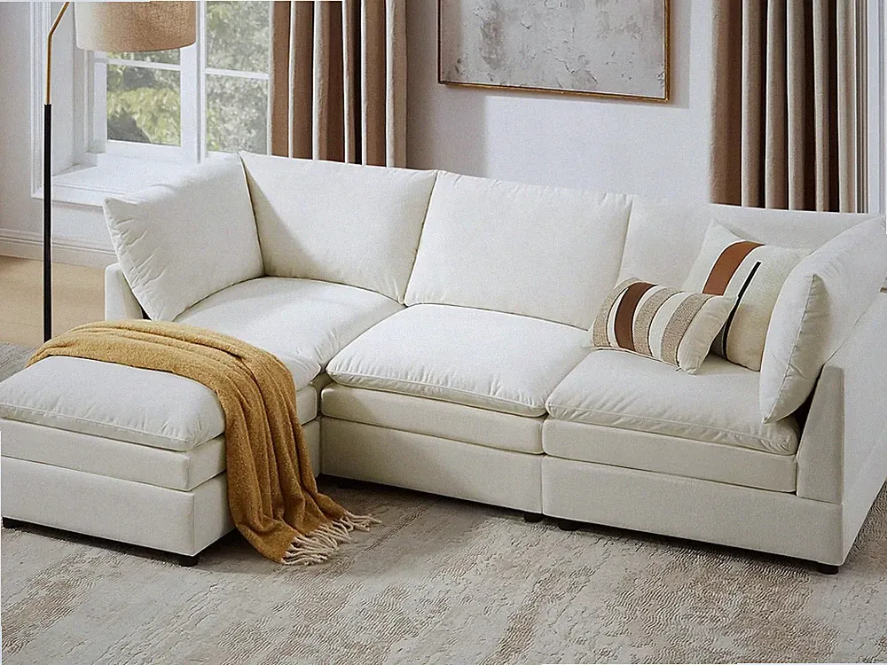 98" L Shape Modular Sectional Cloud Sofa with Ottoman, Ivory White