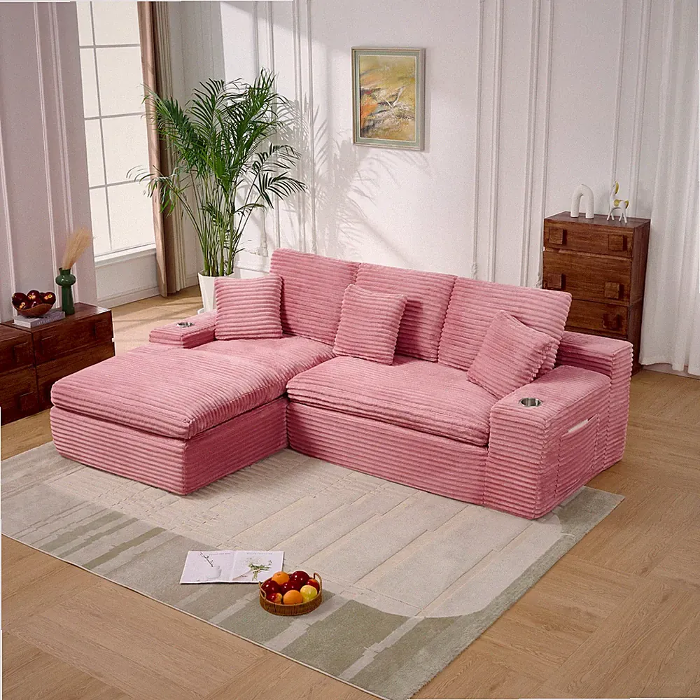 98" L-Shaped Modular Sectional Sofa, Corduroy, Pink, with Cup Holders & Pillows