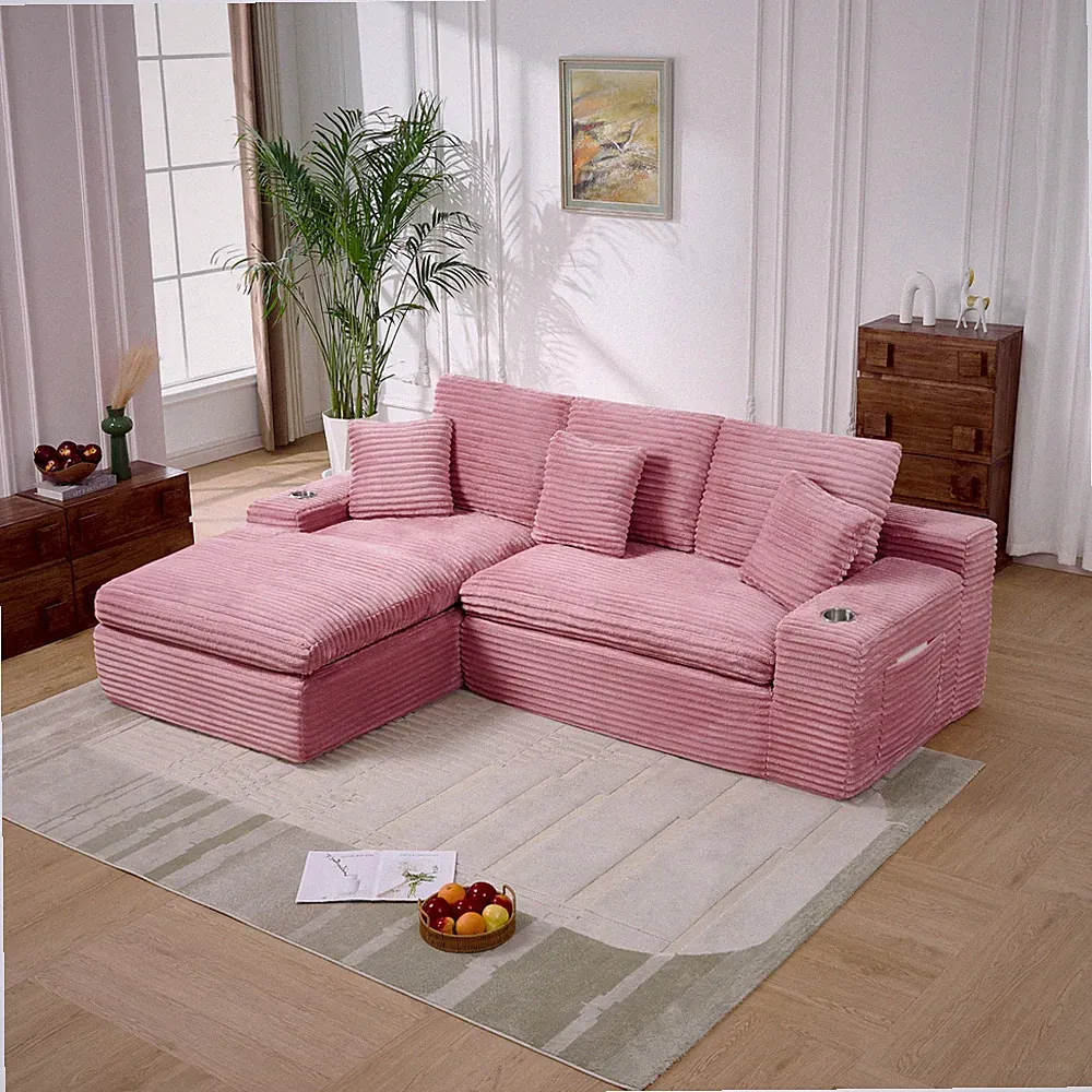 98" L-Shaped Modular Sectional Sofa, Pink Corduroy Couch with Cup Holders