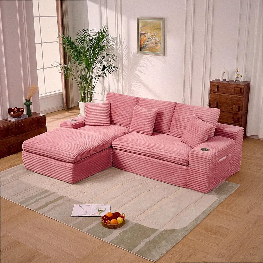 98" L-Shaped Modular Sectional Sofa, Pink Corduroy, Deep Seat, Cup Holders