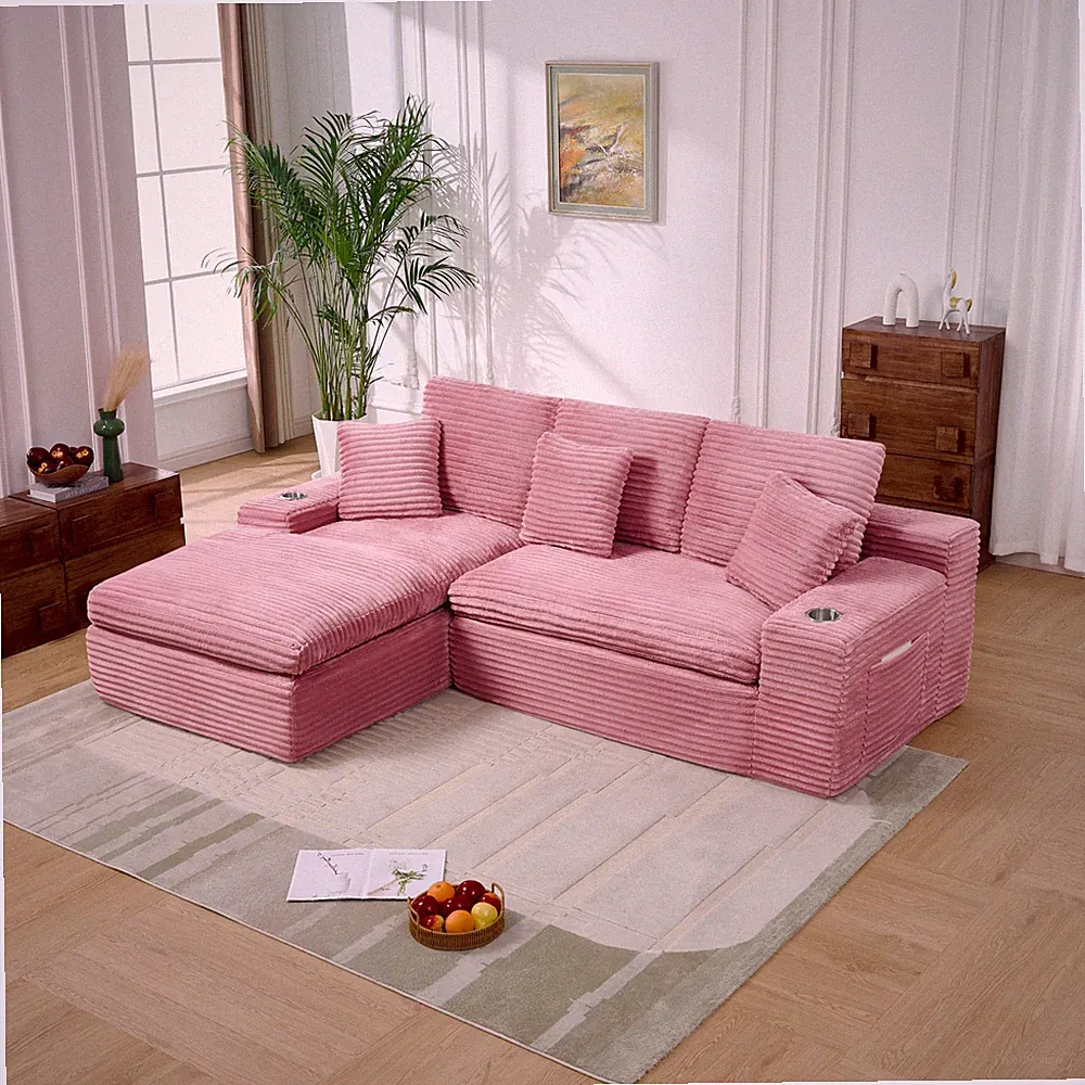 98" L-Shaped Modular Sectional Sofa, Pink Corduroy with Cup Holders & Pillows