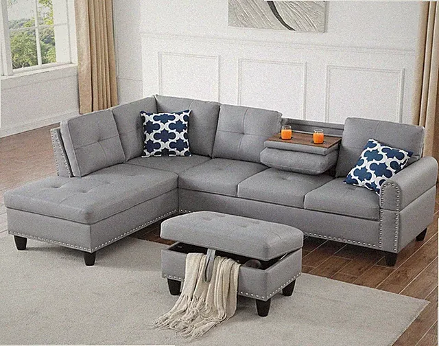 98" L Shaped Sectional Couch for Living Room with Storage Ottoman&Nailhead Trim
