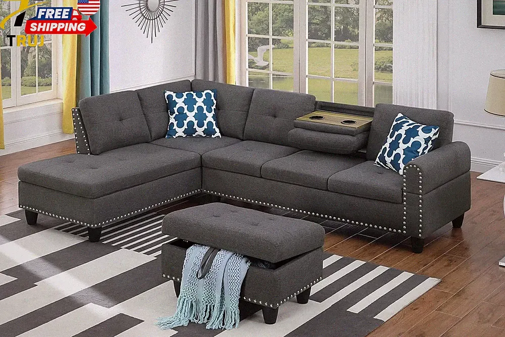 98" L Shaped Sectional Couch with Recliner Modern Sofa for Living Room Dark Grey
