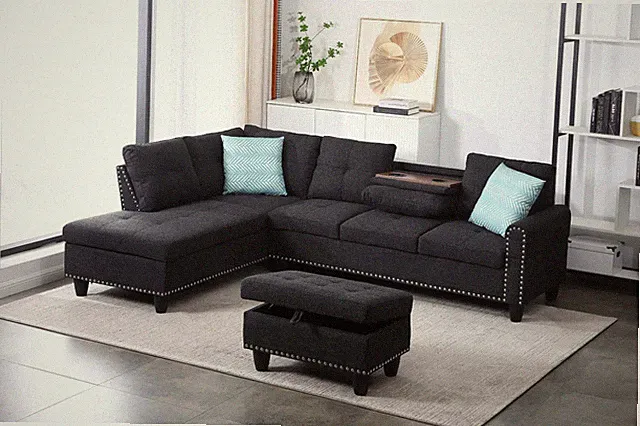 98" L-Shaped Sectional Sofa Couch Set Chaise Living Room Storage Ottoman Cuphold