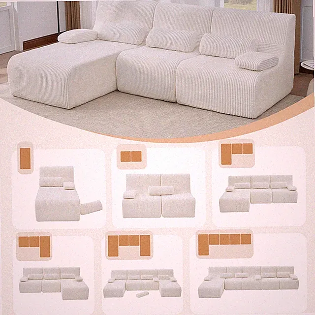 98" L-Shaped Sectional Sofa with Corduroy Upholstery, Beige