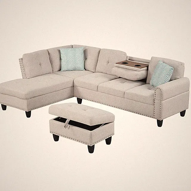 98” L-Shaped Sofa w/Movable Storage Ottoman Linen Fabric Backs Seats Cup Holders