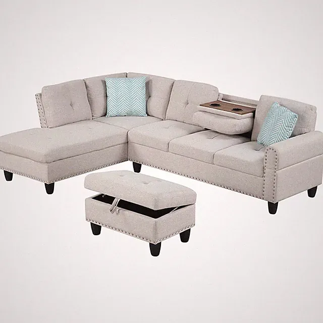 98” L-Shaped Sofa w/Movable Storage Ottoman Linen Fabric Backs Seats Cup Holders