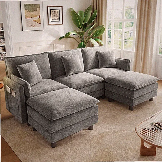 98'' Modular U-Shaped Chenille Sofa with Ottomans & Pillows - Grey