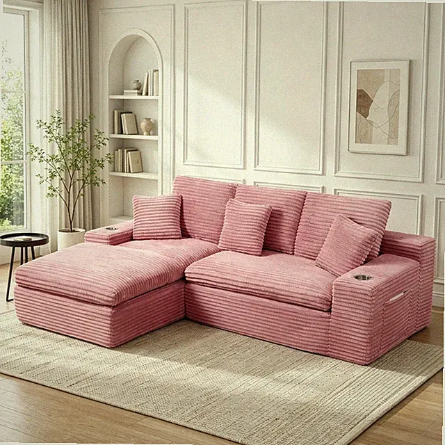 98" Pink Corduroy Sectional Sofa L-Shaped Deep Seat Couch Cup Holders Pillows