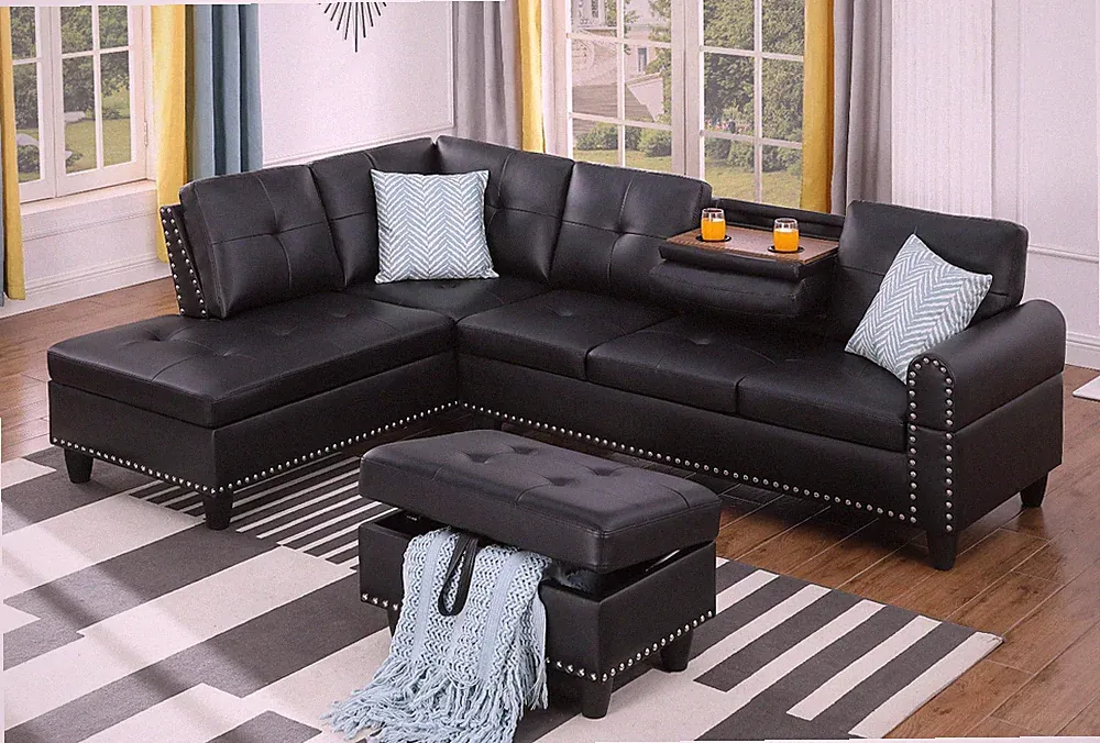 98" Wide L-Shaped Sectional Sofa Set Chaise Living Room Couch Storage Ottoman