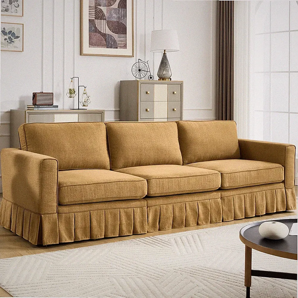 98" Yellow Linen Modular Sectional Sofa Skirted Washable Cover Deep Seat Pillow