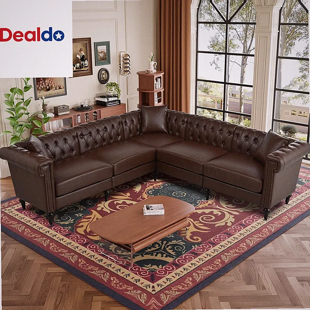 99.4 Inch 5 Seat L Shaped Couch Faux Leather Sectional Couch with Three Pillows