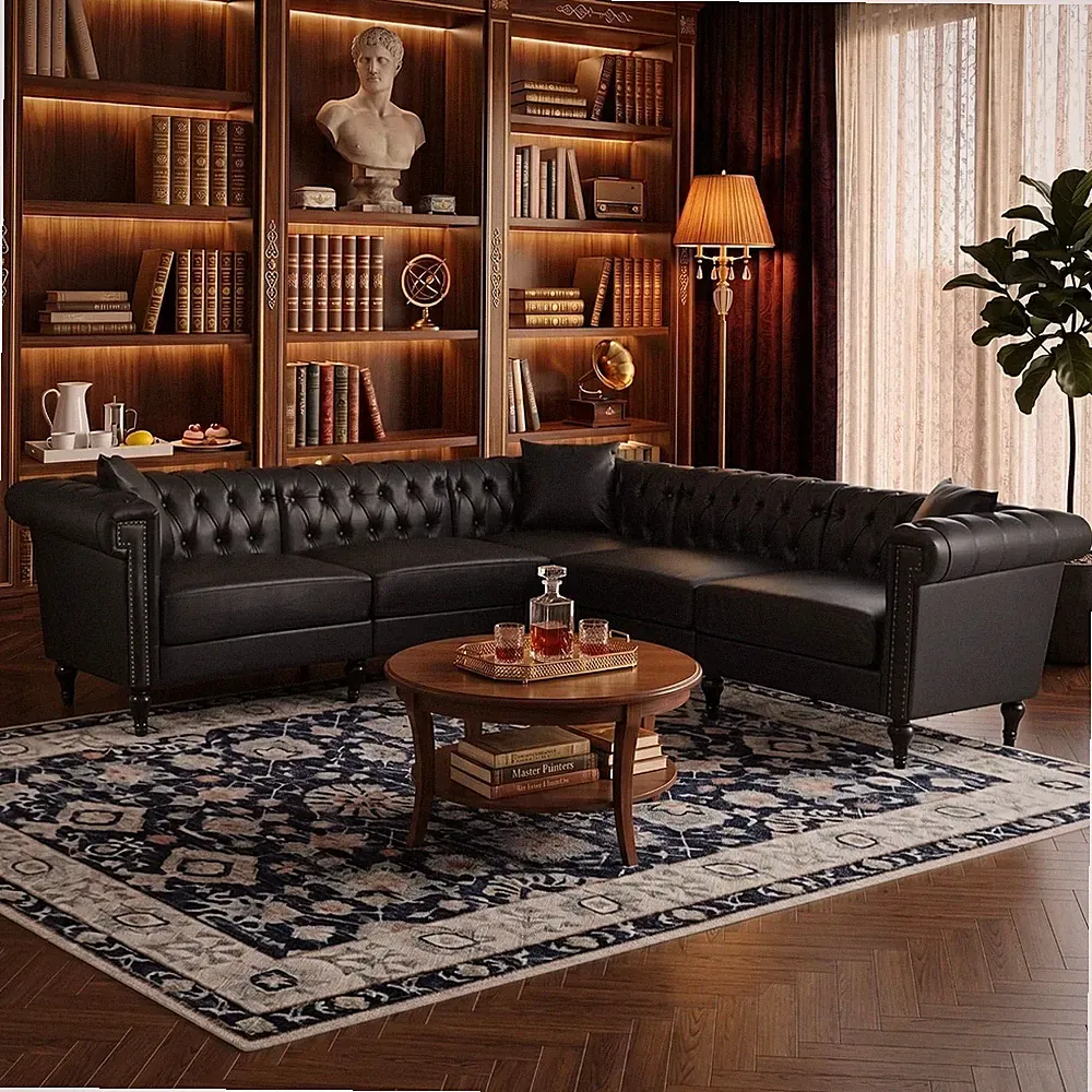 99" Chesterfield Sectional Sofa with 3 Pillows, Tufted 5 Seat Faux Leather Couch