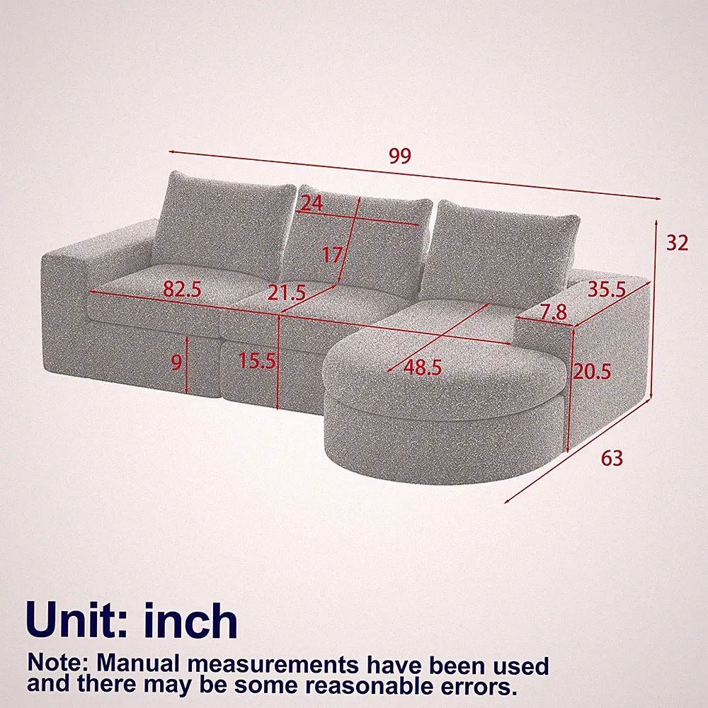 99-Inch Chenille Cloud Curved Sectional Sofa with Chaise, L-Shaped Modern Bonele