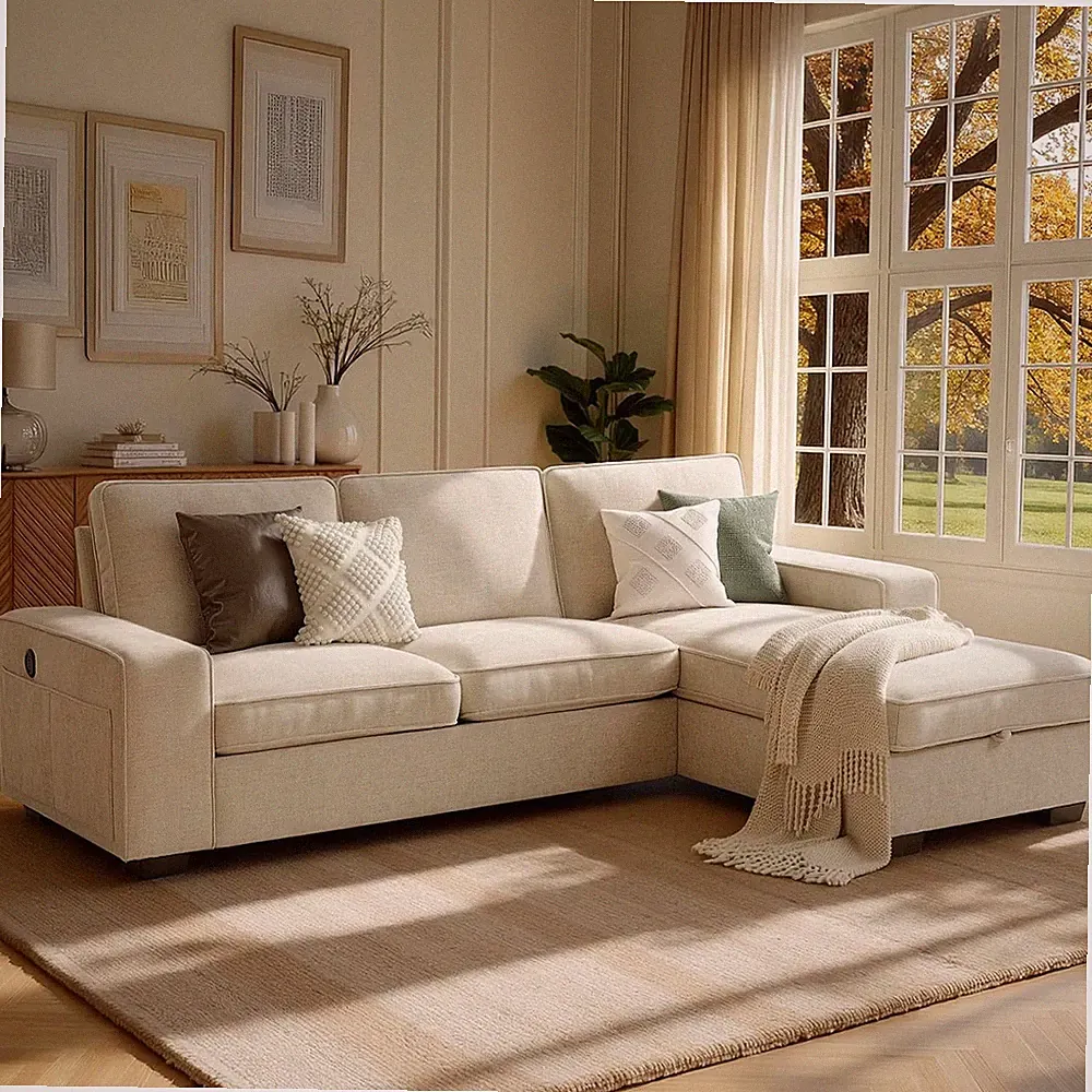 99" L-Shaped Sofa with Chaise Storage, 3 Seats Sectional Couch, Beige
