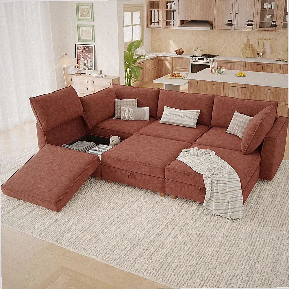 99" Modular Sectional Sleeper Sofa Bed with Storage & Washable Covers, 6-Seater