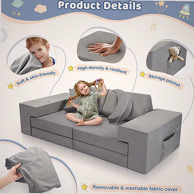 9pcs Modular Kids Foam Play Couch 1.4M Convertible Fort Sofa Set for Toddlers