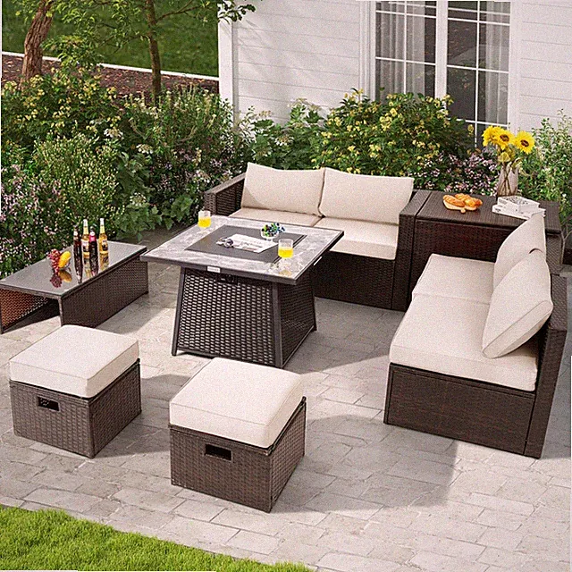 9PCS Outdoor Patio Furniture Set with 35" Propane Fire Pit Table Cover Off White