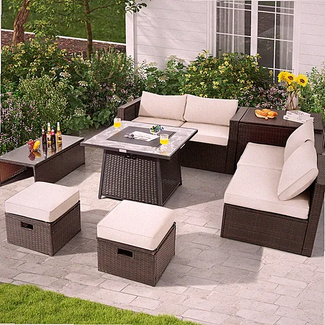 9PCS Outdoor Patio Furniture Set with 35" Propane Fire Pit Table Cover Off White
