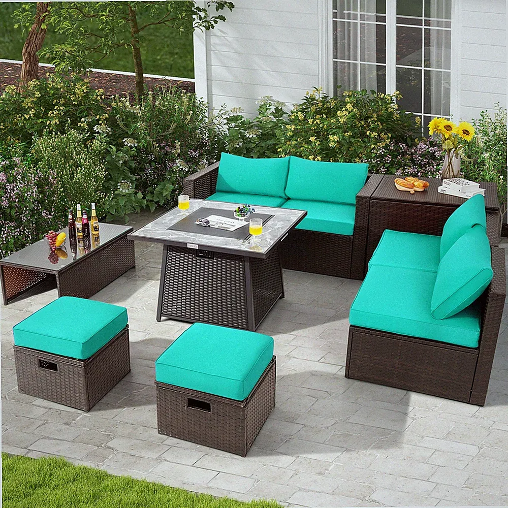 9PCS Outdoor Patio Furniture Set with 35" Propane Fire Pit Table Cover Turquoise