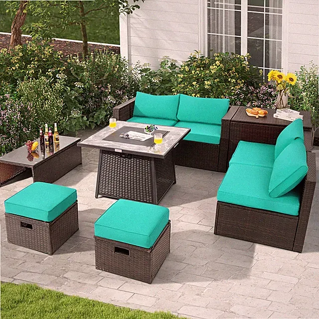 9PCS Outdoor Patio Furniture Set with 35" Propane Fire Pit Table Cover Turquoise