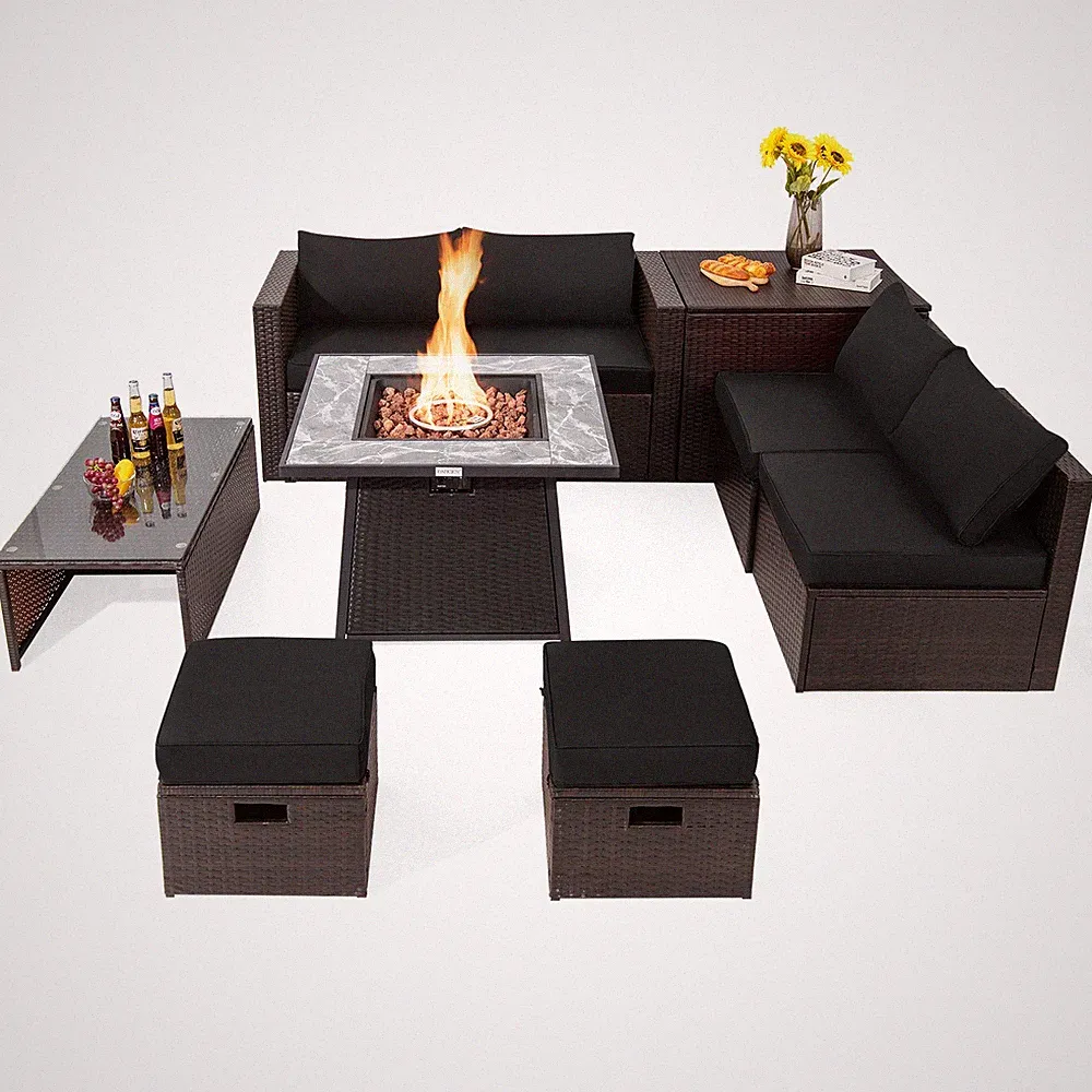 9PCS Patio Rattan Furniture Set Fire Pit Space-Saving Storage W/Cover Black