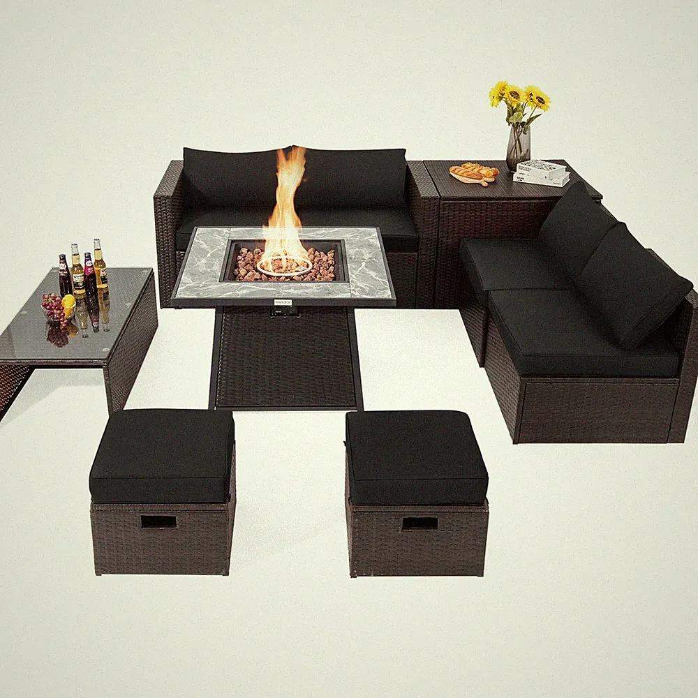 9PCS Patio Rattan Furniture Set Fire Pit Space-Saving Storage W/Cover Black