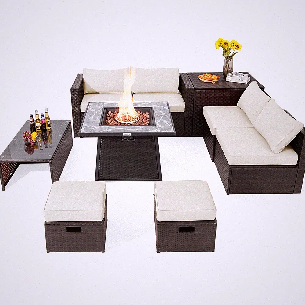 9PCS Patio Rattan Furniture Set Fire Pit Space-Saving Storage W/Cover Off White