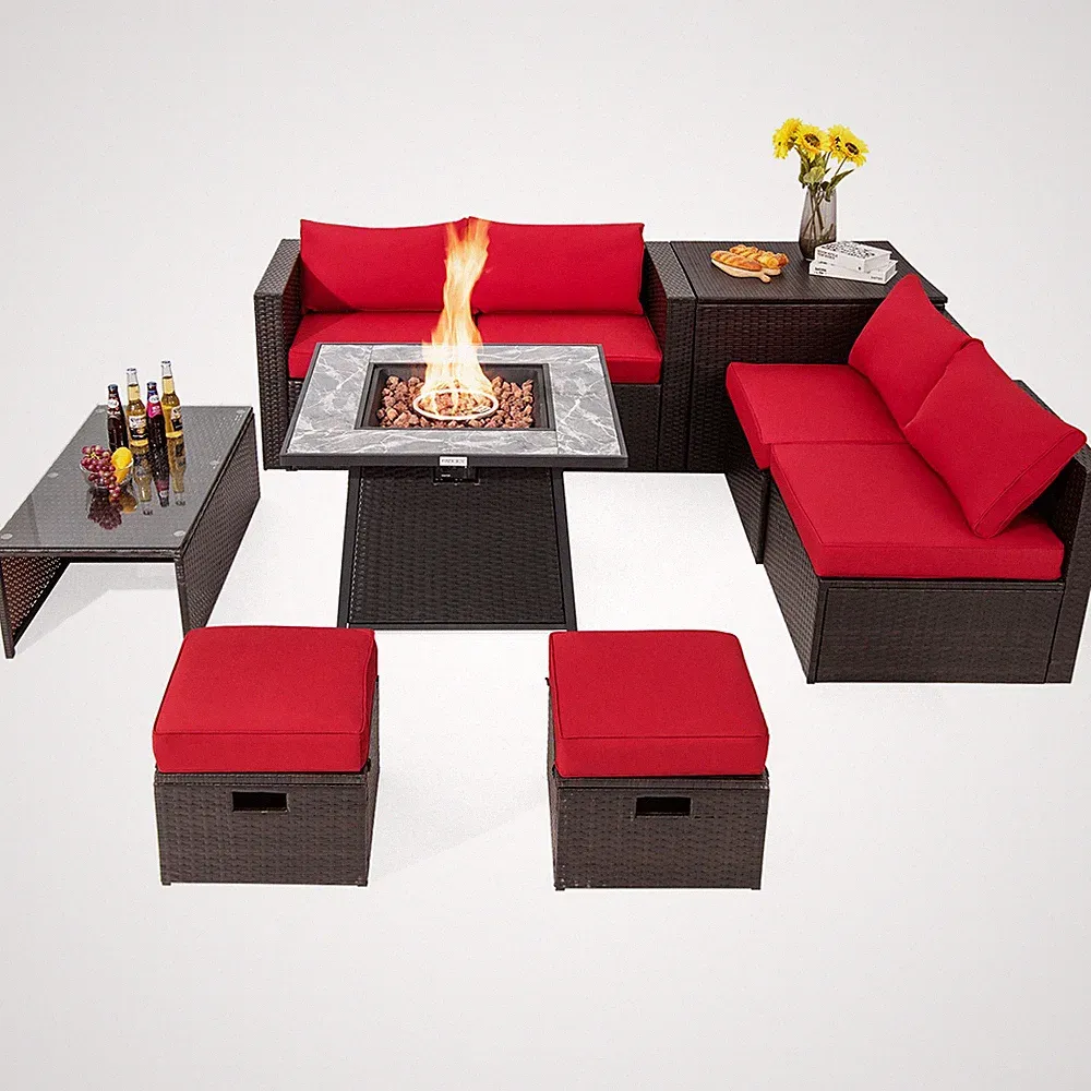 9PCS Patio Rattan Furniture Set Fire Pit Space-Saving Storage W/Cover Red