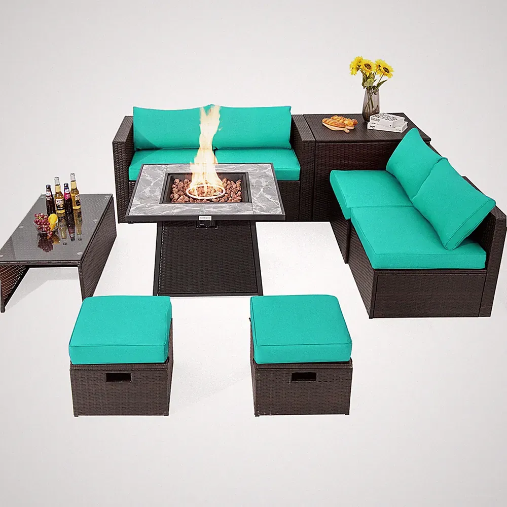 9PCS Patio Rattan Furniture Set Fire Pit Space-Saving Storage W/Cover Turquoise