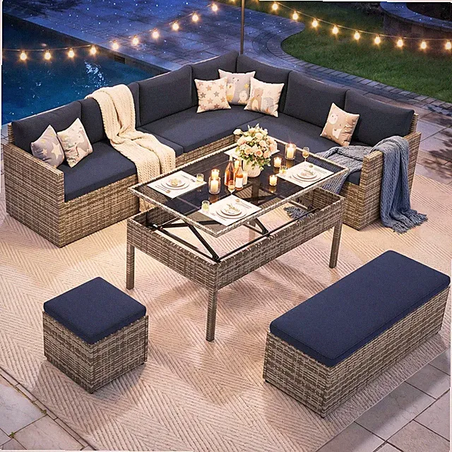 9PCS Waterproof Outdoor Sectional Sofa Set with Lift-Top Coffee Table & Ottoman