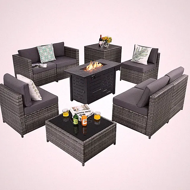 9PCS Wicker Sofa Rattan Furniture Set w/ Propane Gas Fire Pit 60,000 Btu Heater