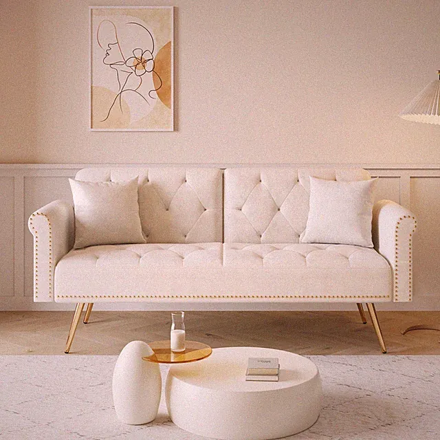 A 69.7-inch-long sofa bed covered in beige velvet fabric, featuring nail head tr