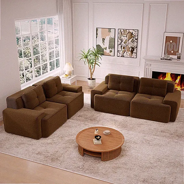 A set of two double-seat sofas,crafted w/Corduroy Fabric,Pearl-like piping,Tu