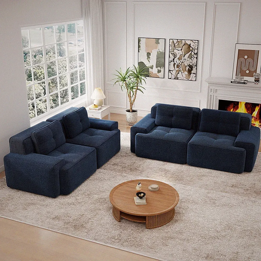 A set of two double-seat sofas,crafted w/Corduroy Fabric,Pearl-like piping,Tuf
