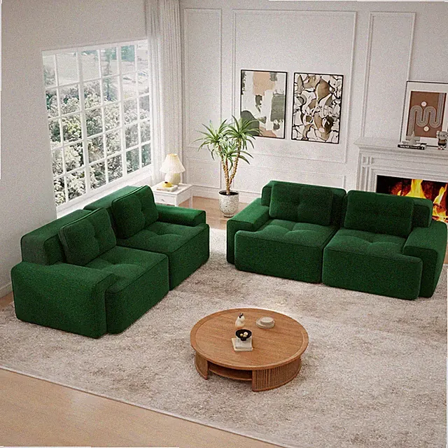 A set of two double-seat sofas,crafted w/Corduroy Fabric,Pearl-like piping,Tuft