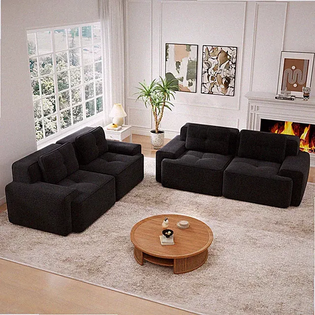 A set of two double-seat sofas,crafted w/Corduroy Fabric,Pearl-like piping,Tufte