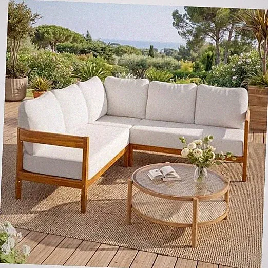 Acacia Solid Wood L-Shape Sofa Patio Furniture Set, 5 Seater Sectional White