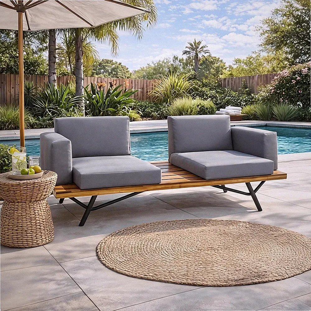 Acacia Wood 2 Seater Sofa with Metal Legs & Cushions for Patio