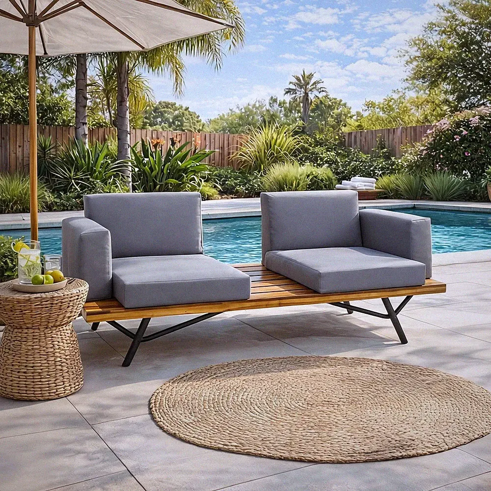 Acacia Wood 2 Seater Sofa with Metal Legs & Cushions for Patio