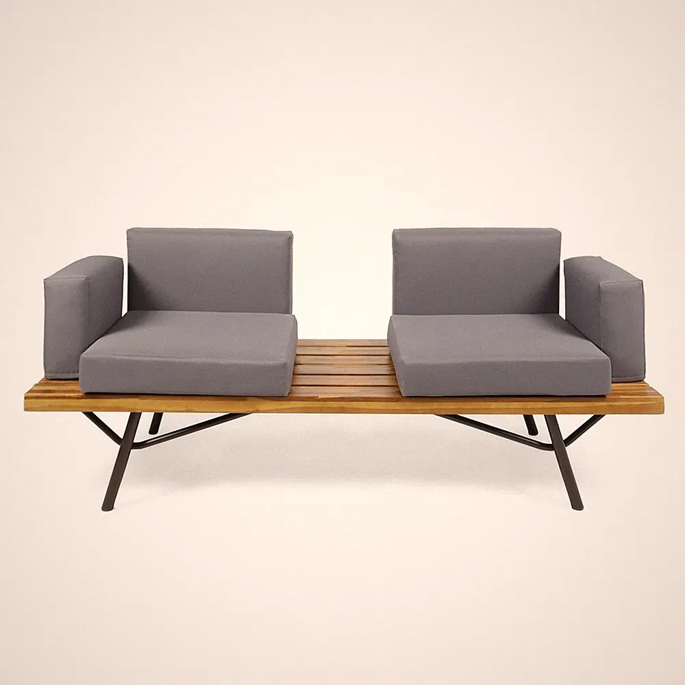 Acacia Wood 2 Seater Sofa with Teak Finish & Dark Gray Cushions for Elegant
