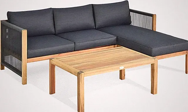 Acacia Wood 3-Piece Patio Furniture Set with Cushions - Grey Outdoor Sofa