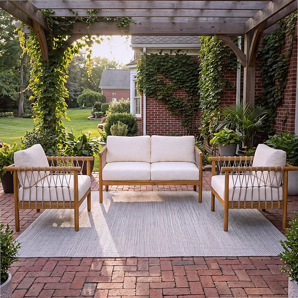 Acacia Wood 3-Piece Patio Set Loveseat 2 Armchairs Teak Finish