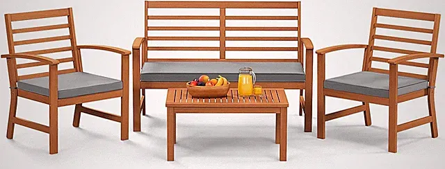 Acacia Wood 4-Piece Outdoor Furniture Set with Cushions - Grey