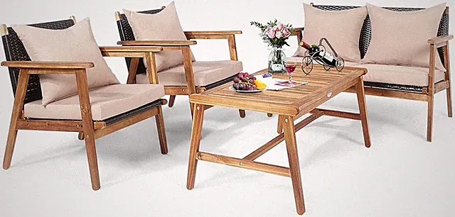 Acacia Wood 4-Piece Outdoor Wicker Sofa Set with Cushions & Coffee Table
