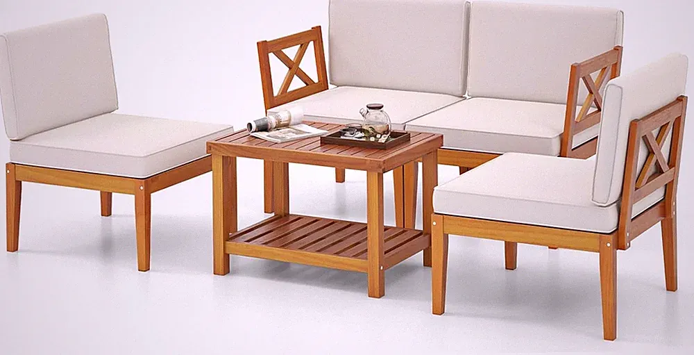 Acacia Wood 5-Piece Outdoor Patio Furniture Set with Cushions & Coffee Table