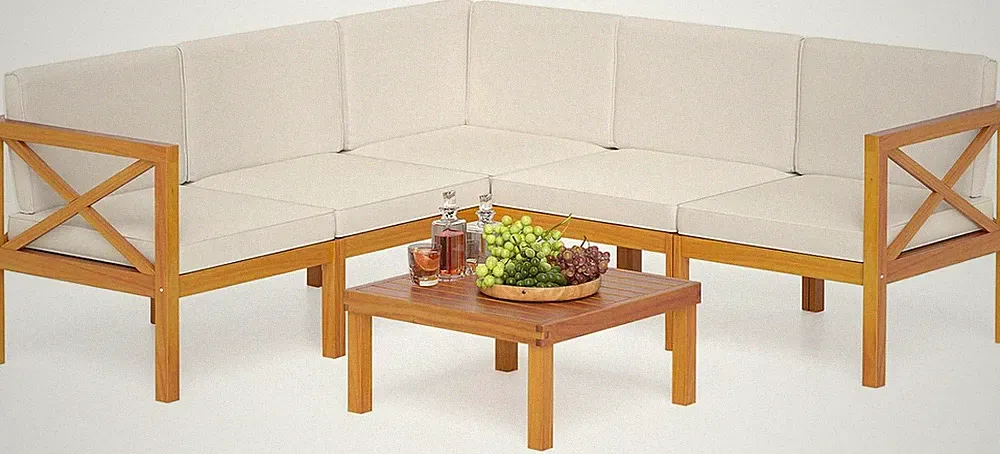 Acacia Wood 6-Piece Outdoor Sectional Sofa Set with Cushions and Table - Off Whi