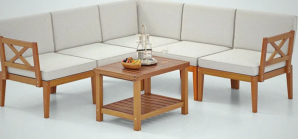 Acacia Wood 6-Piece Outdoor Sectional Sofa Set with Cushions & Coffee Table