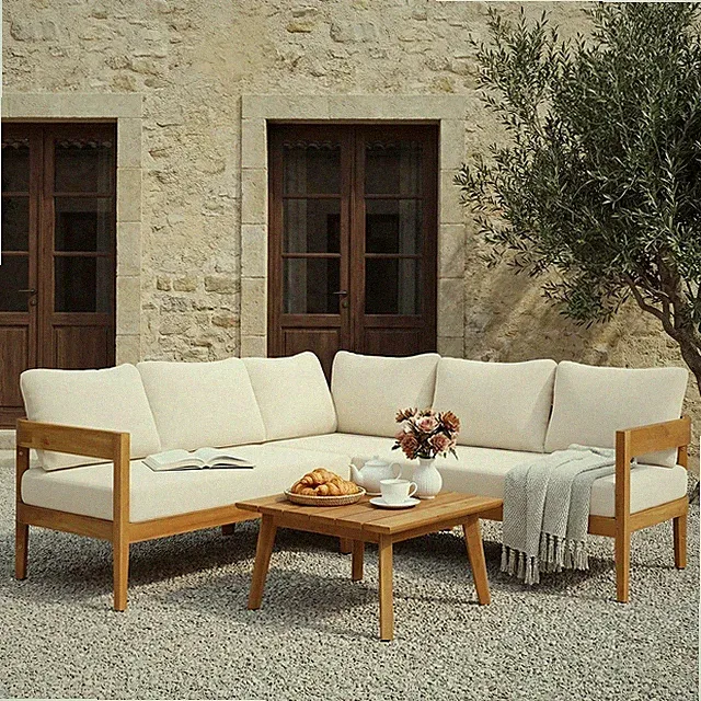 Acacia Wood 6-Piece Outdoor Sofa Set with Beige Cushions, Teak