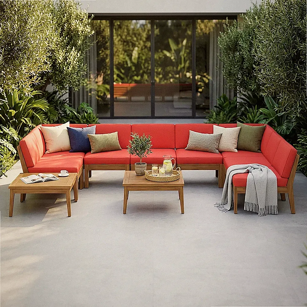 Acacia Wood 8-Seater Sectional Sofa Set with Table, Red & Teak
